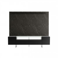 Manhattan Comfort 2-223252255252 Celine 85.43 TV Stand and Panel with Glass Overhead Shelve and Steel Legs in Black and Black Marble